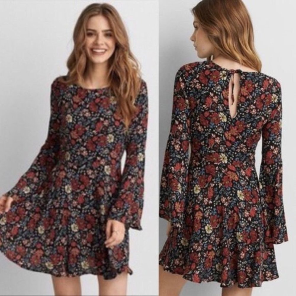 American Eagle S Black Floral Long Bell Sleeve‎ Flirty Mini Festival Boho Dress - Picture 2 of 6